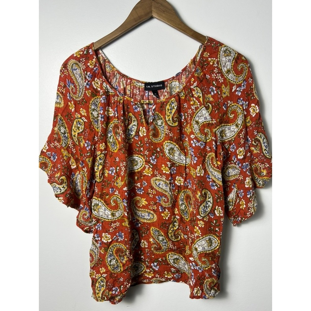 I.N. Studio Paisley Blouse Top Wm‎ M Orange Floral Rayon Flutter Sleeve Top Boho